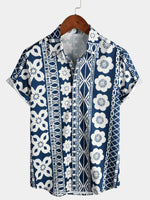 Men's Floral Striped Print Vintage Button Up Summer Short Sleeve Shirt
