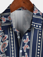 Men's Retro Paisley Navy Blue Striped Floral 70s Vintage Button Up Short Sleeve Shirt