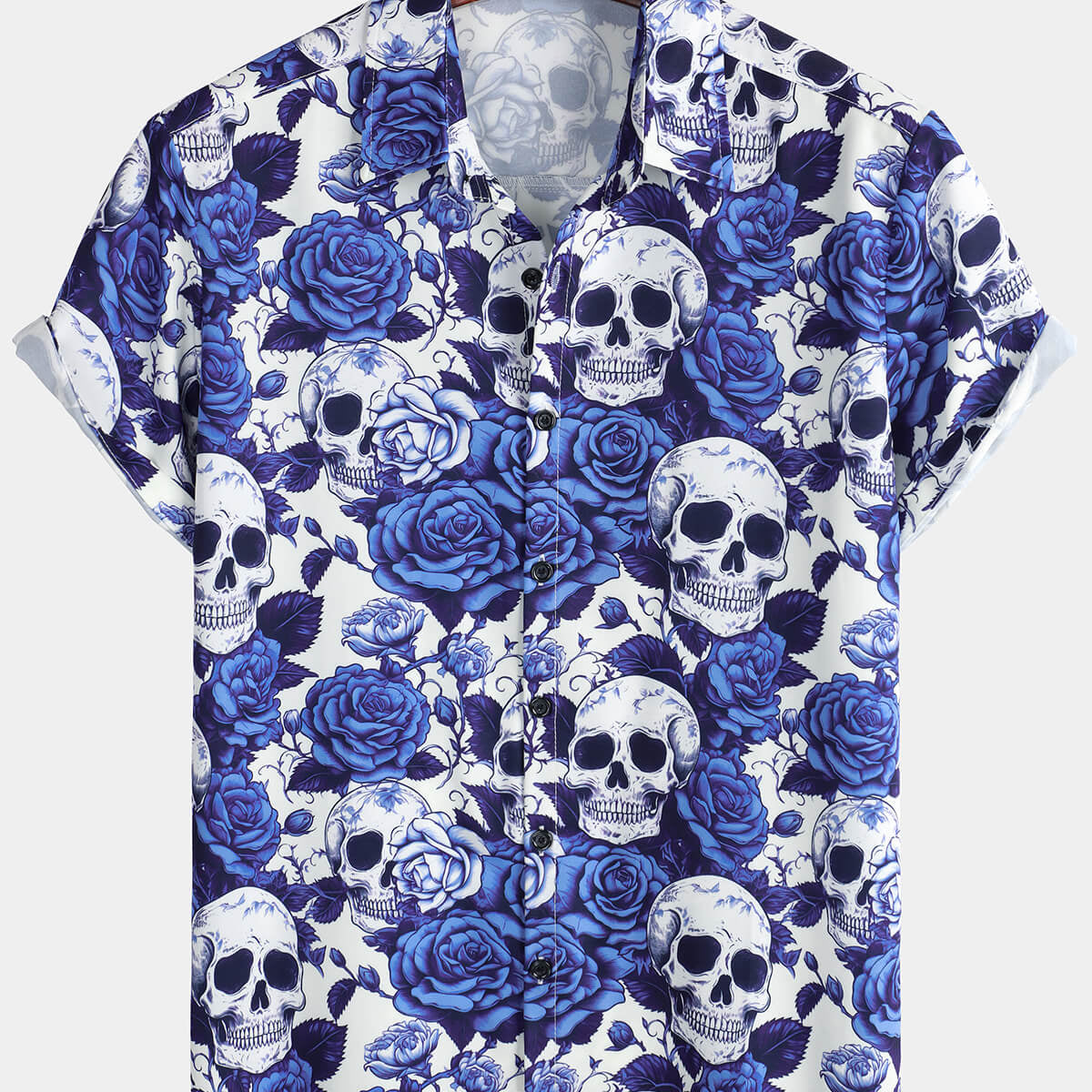 Men's Blue Rose Floral Skull Punk Holiday Rock Short Sleeve Shirt