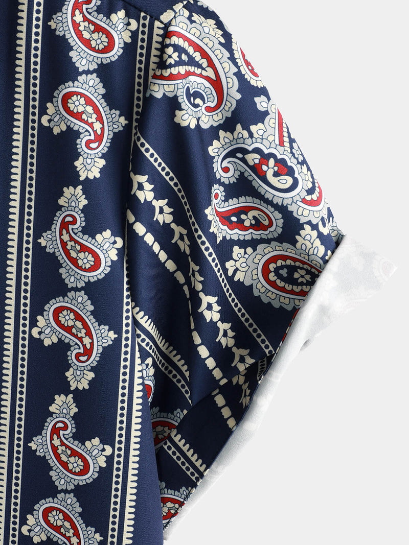 Men's Retro Paisley Navy Blue Striped Floral 70s Vintage Button Up Short Sleeve Shirt