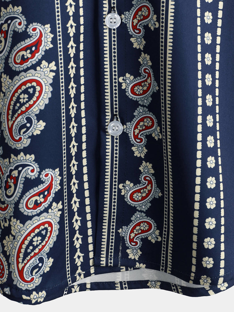 Men's Retro Paisley Navy Blue Striped Floral 70s Vintage Button Up Short Sleeve Shirt