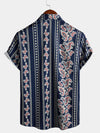 Men's Retro Paisley Navy Blue Striped Floral 70s Vintage Button Up Short Sleeve Shirt