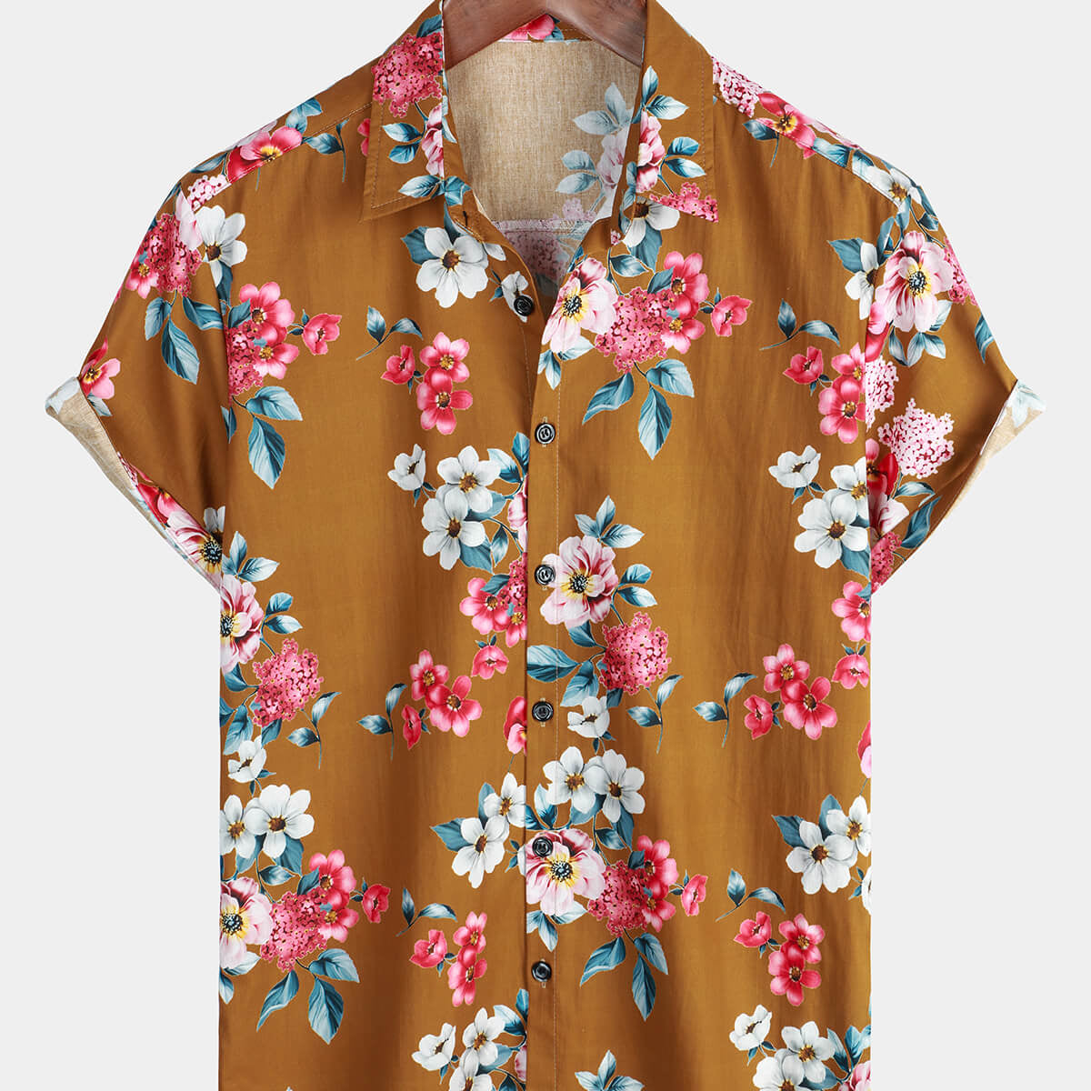 Men's Floral Brown Hawaiian Cotton Beach Holiday Short Sleeve Shirt