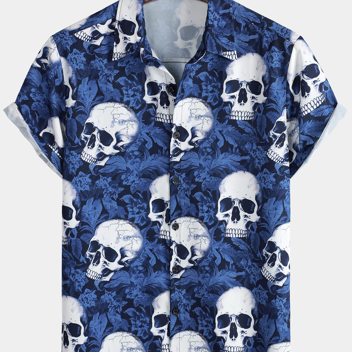 Men's Rock Skull Punk Holiday Blue Button Up Short Sleeve Shirt