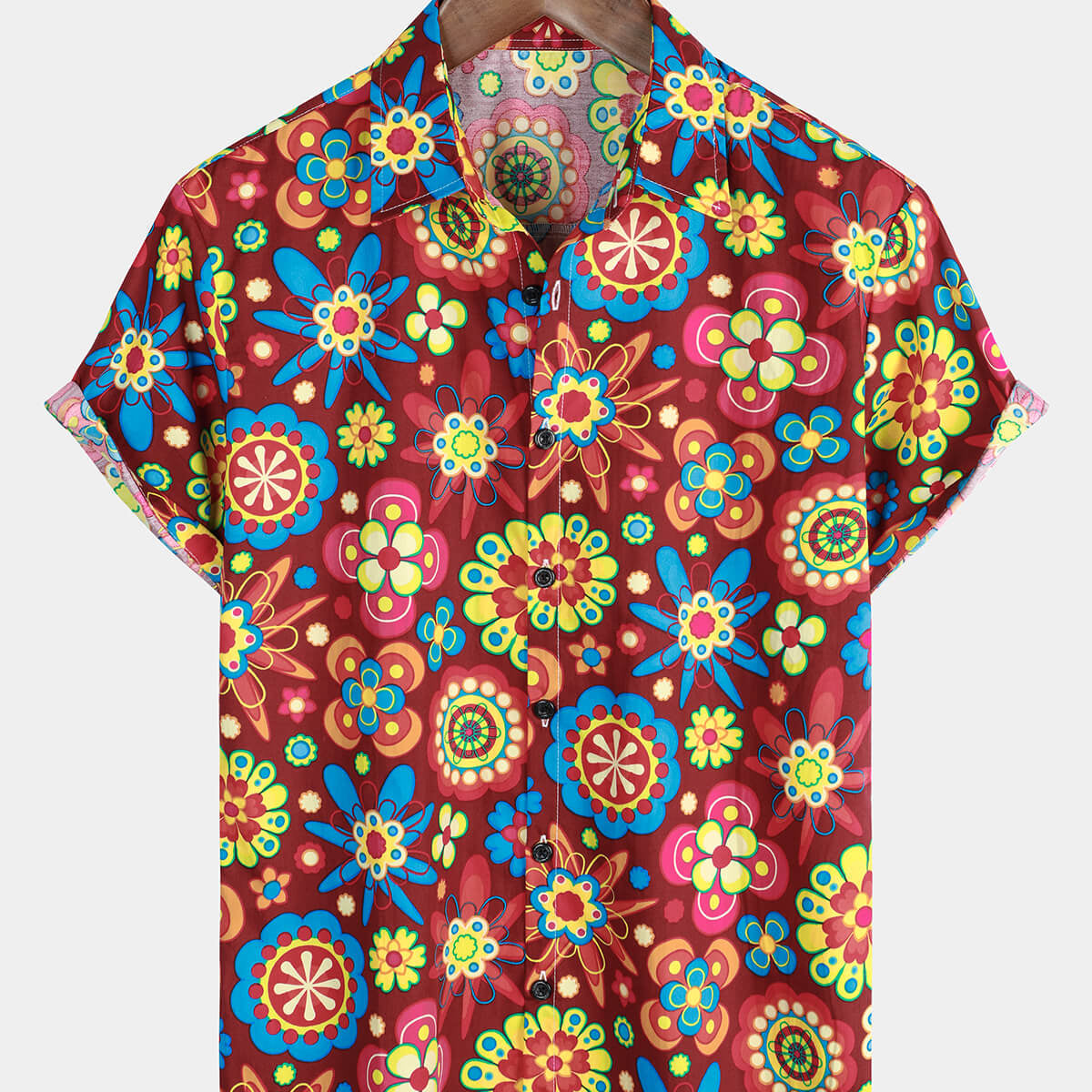 Men's Floral Print Cotton Button Up Short Sleeve Shirt