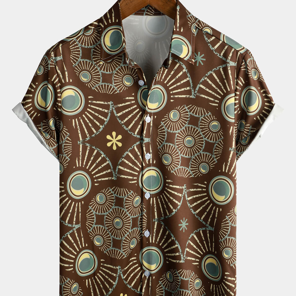 Camisa de manga corta de playa étnica con estampado abstracto marrón vintage para hombre