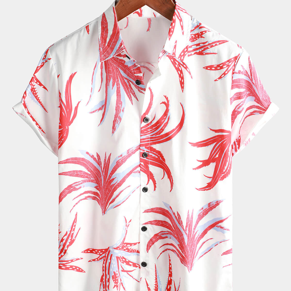 Camisa de manga corta para vacaciones de plantas de verano, informal, 100% algodón, con botones florales para hombre