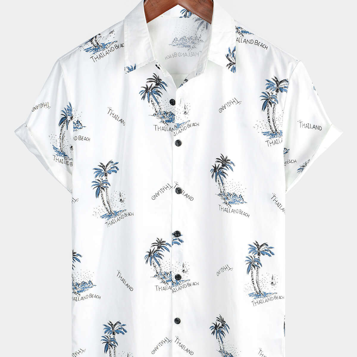 Camisa de manga corta informal de verano con estampado de isla de palmera hawaiana blanca para hombre