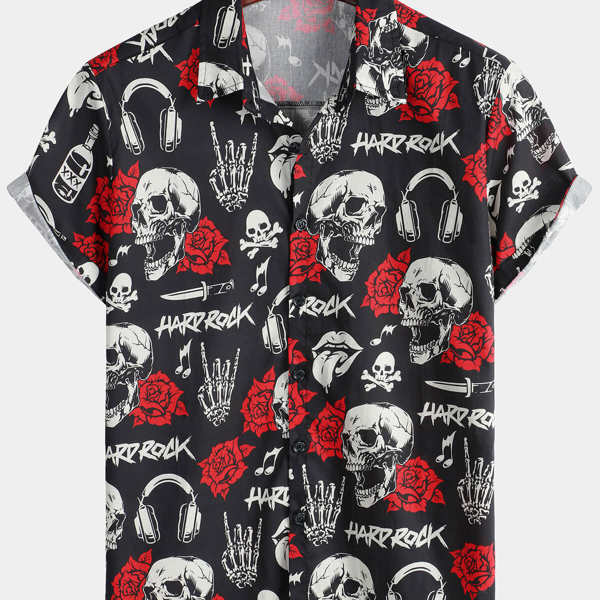 Men's Skull Rose Floral Punk Rocker Cool Rock Music Short Sleeve Hawaiian Shirt