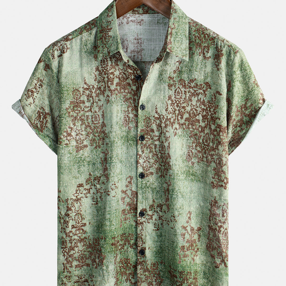 Men's Green Cotton Vintage Short Sleeve Summer Button Up Shirt