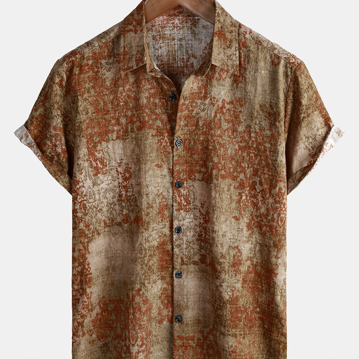 Men's Brown Cotton Vintage Short Sleeve Summer Button Up Shirt