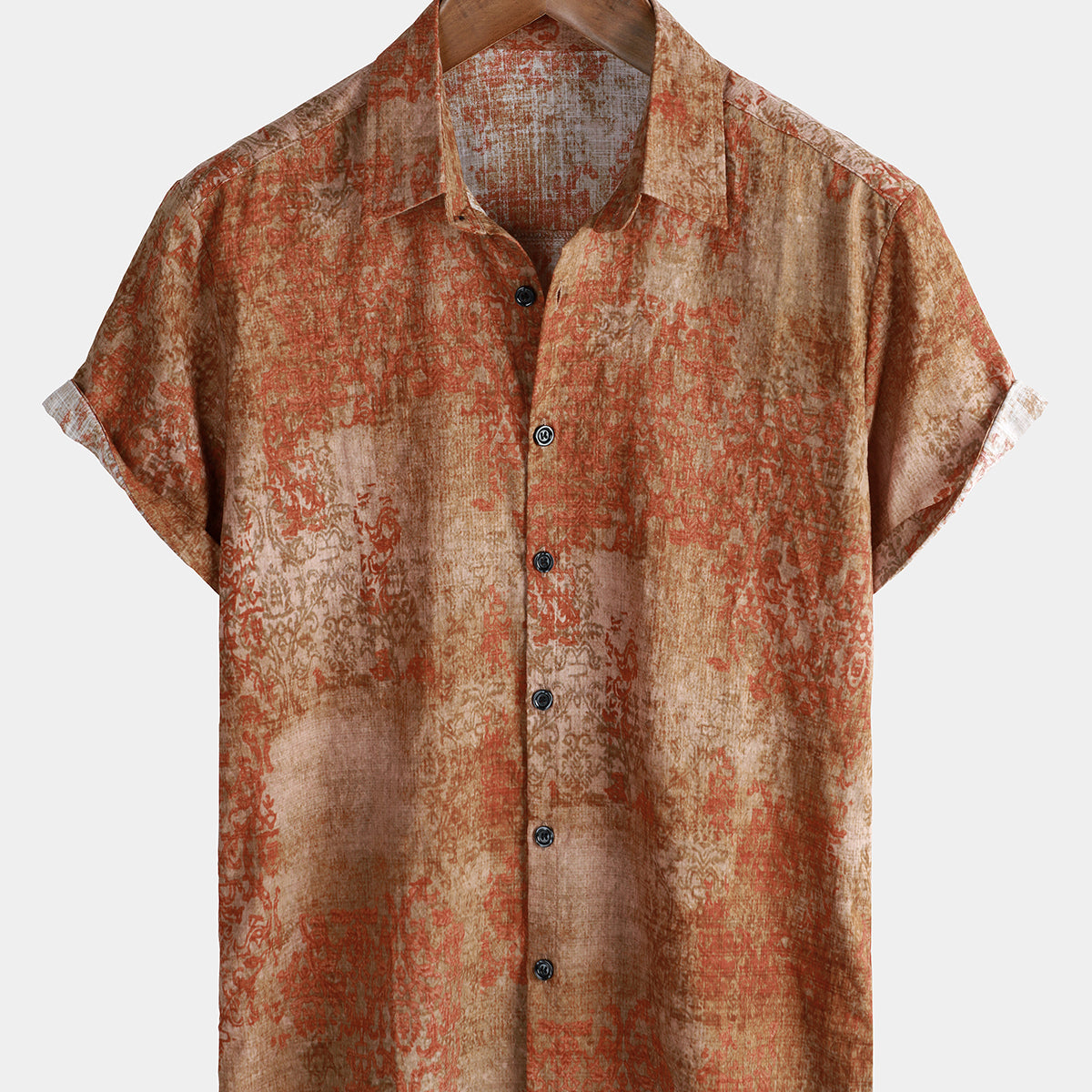 Men's Brown Cotton Vintage Short Sleeve Summer Button Up Shirt