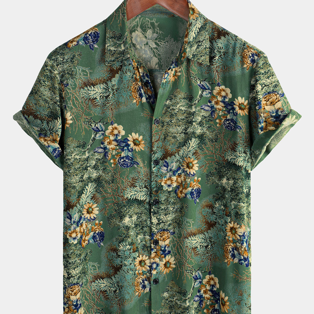 Men's Retro Floral Green Summer Holiday Short Sleeve Shirt