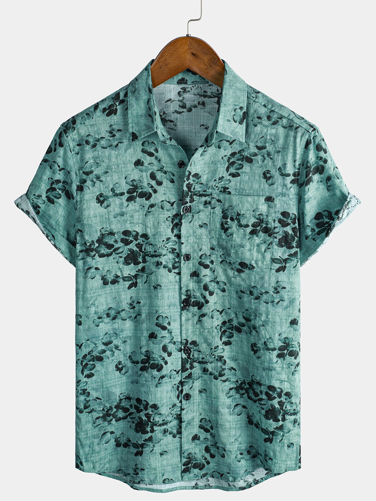 Men's Watercolor Floral Print Breathable Cotton Slub Texture Summer Resort Shirt