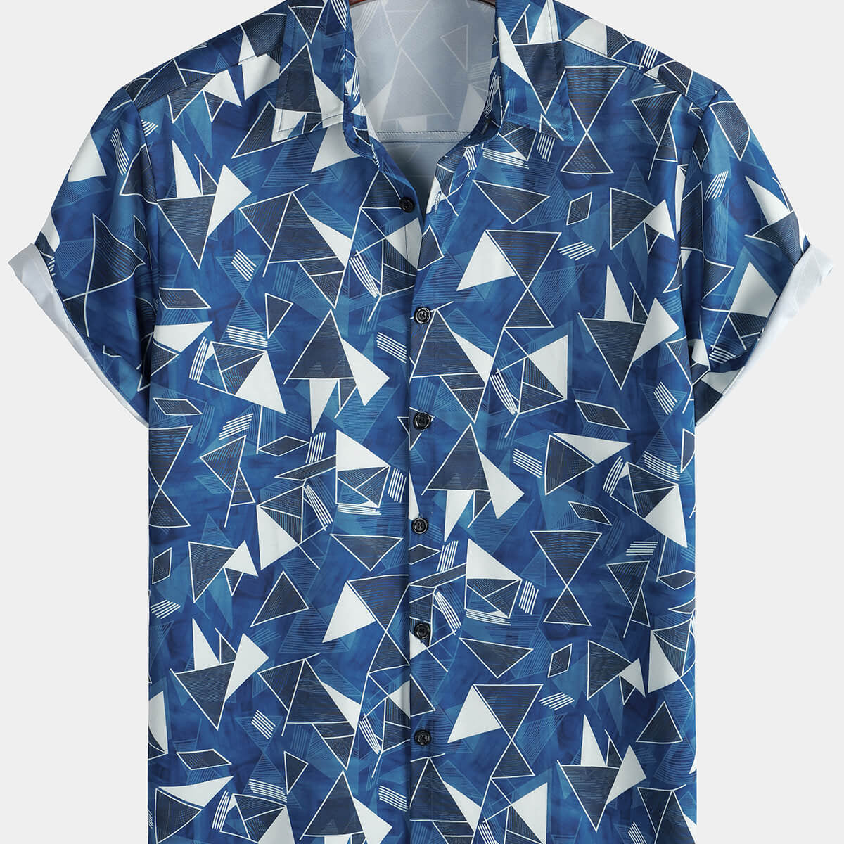 Men's Casual Art Blue Geometric Print Short Sleeve Summer Beach Button Up Shirt