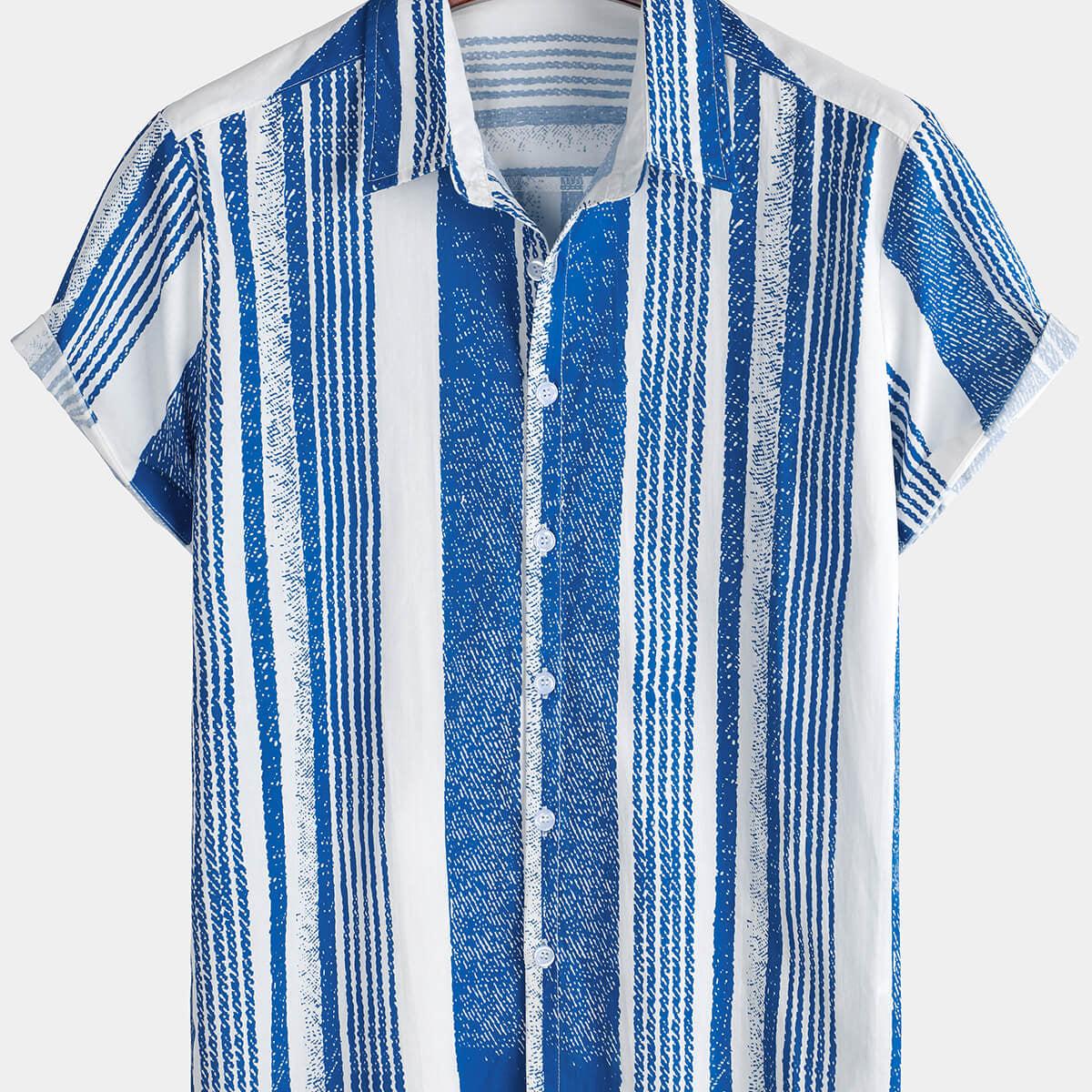 Men's Cotton Vintage Casual Blue Striped Summer Short Sleeve Shirt