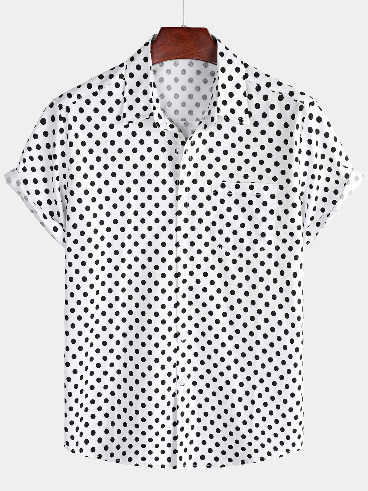 Men s Cotton Casual Polka Dot Summer White Pocket Short Sleeve Shirt