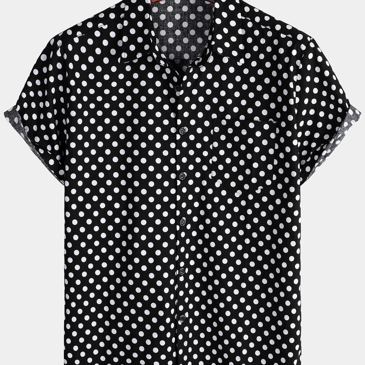 Men's Cotton Casual Polka Dot Summer Black Pocket Short Sleeve Shirt