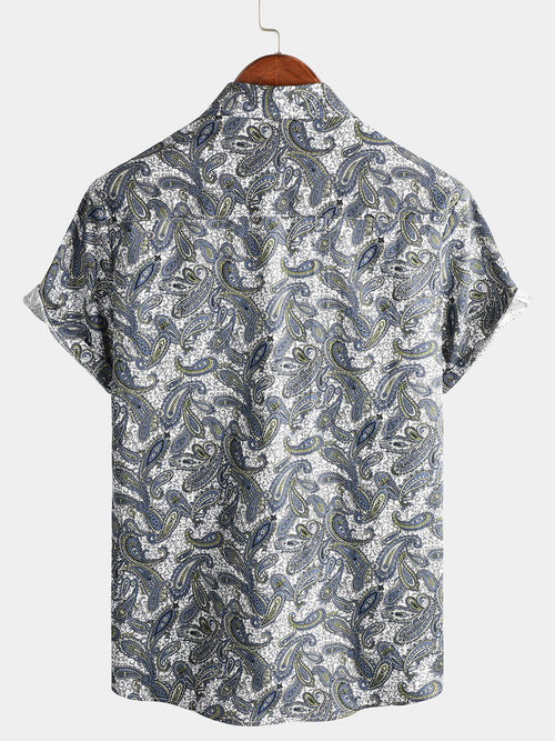 Men's Paisley Floral Cotton Vintage Grey Retro 70s Button Up Beach Summer Short Sleeve Shirt