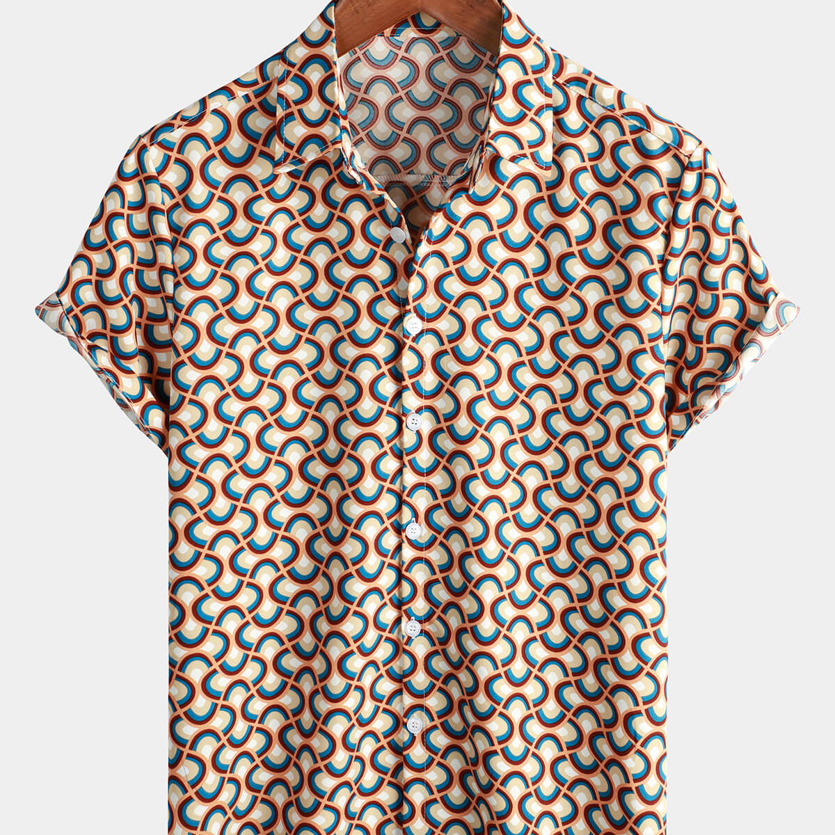 Camisa de manga corta de playa de verano fresca con círculo geométrico vintage con botones retro para hombre