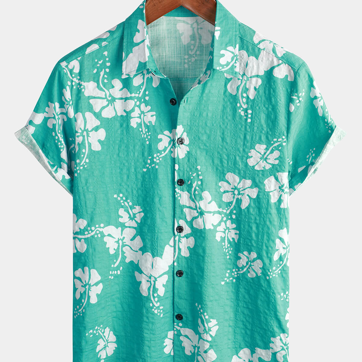 Camisa tropical de playa con botones de manga corta de verano floral hawaiano vintage verde claro para hombre