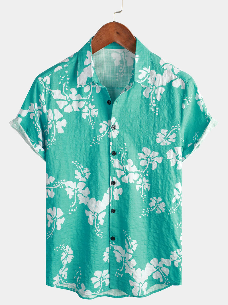 Men's Light Green Vintage Hawaiian Floral Summer Short Sleeve Button Up Beach Tropical Shirt