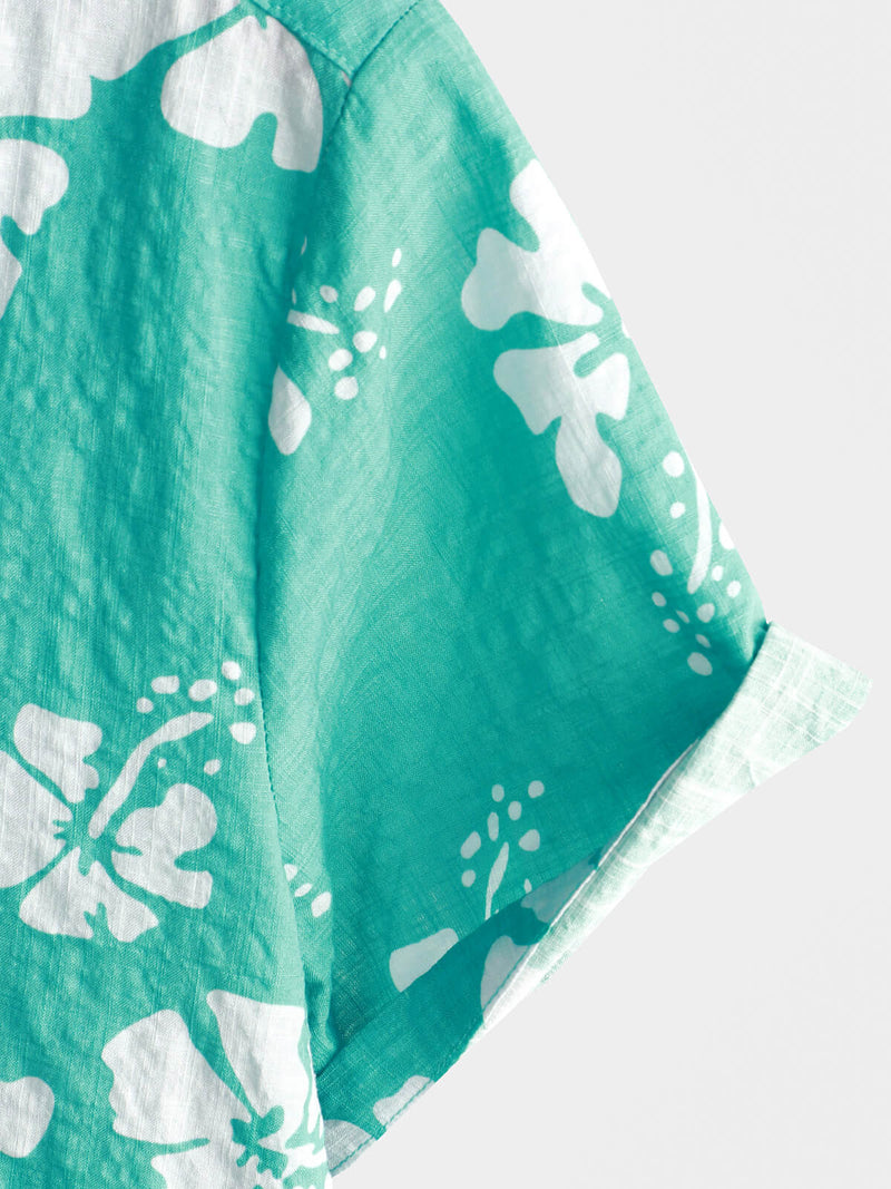 Men's Light Green Vintage Hawaiian Floral Summer Short Sleeve Button Up Beach Tropical Shirt