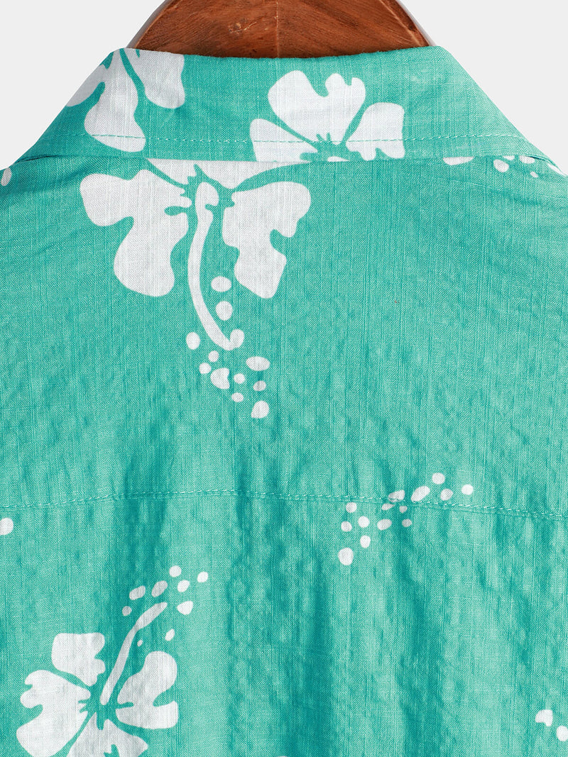 Men's Light Green Vintage Hawaiian Floral Summer Short Sleeve Button Up Beach Tropical Shirt