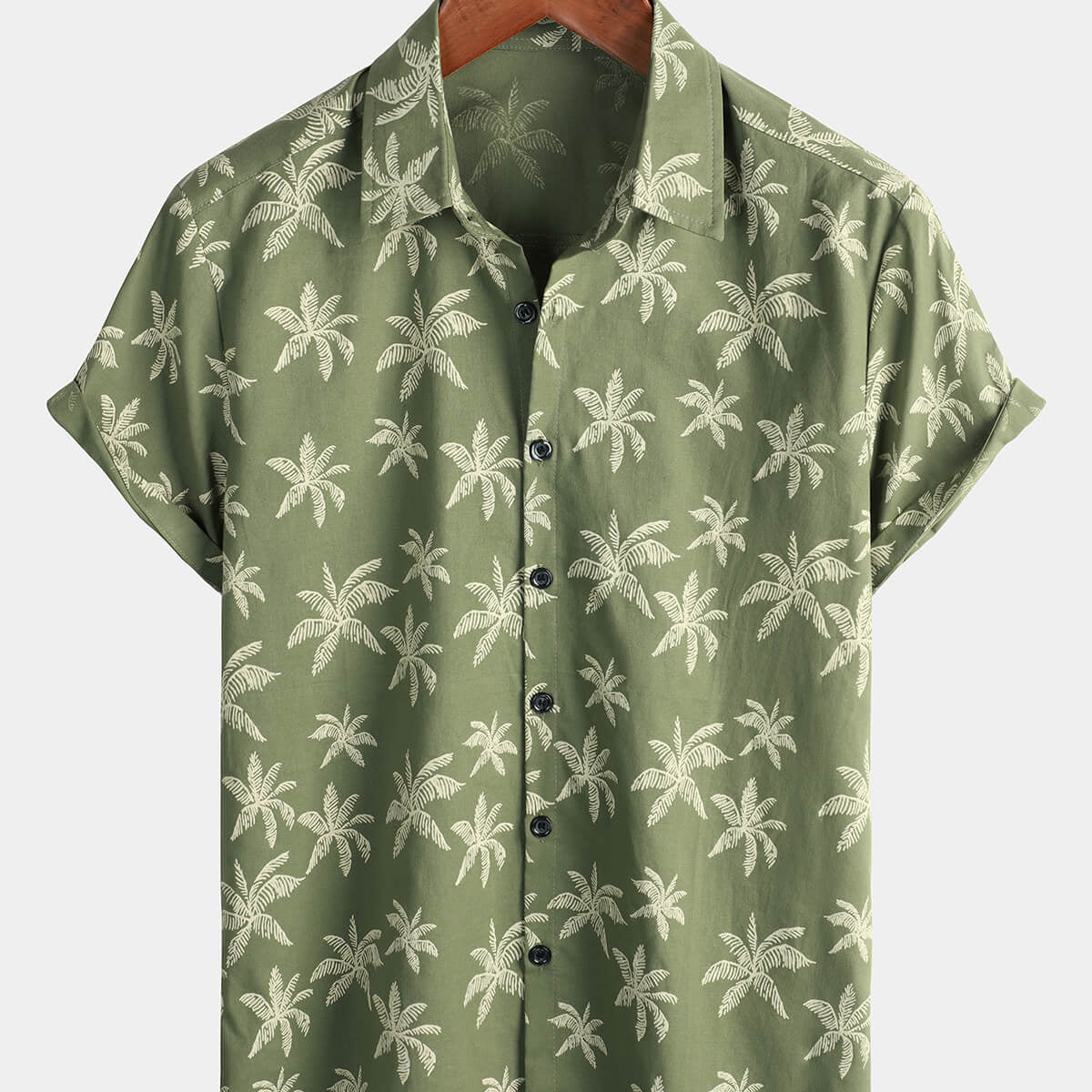 Men's Green Hawaiian Beach Cruise Palm Tree Print Cotton Button Up Short Sleeve Shirt