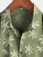 Men's Green Hawaiian Beach Cruise Palm Tree Print Cotton Button Up Short Sleeve Shirt