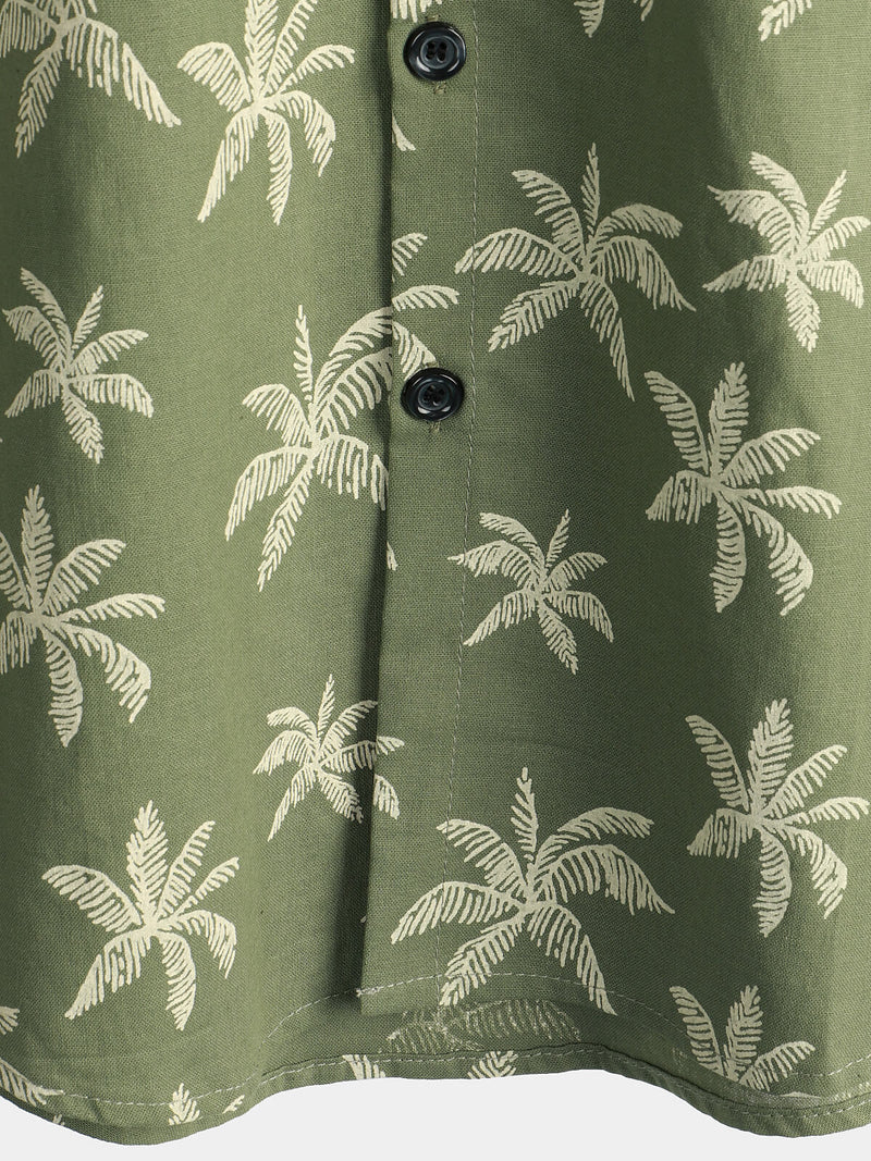 Men's Green Hawaiian Beach Cruise Palm Tree Print Cotton Button Up Short Sleeve Shirt