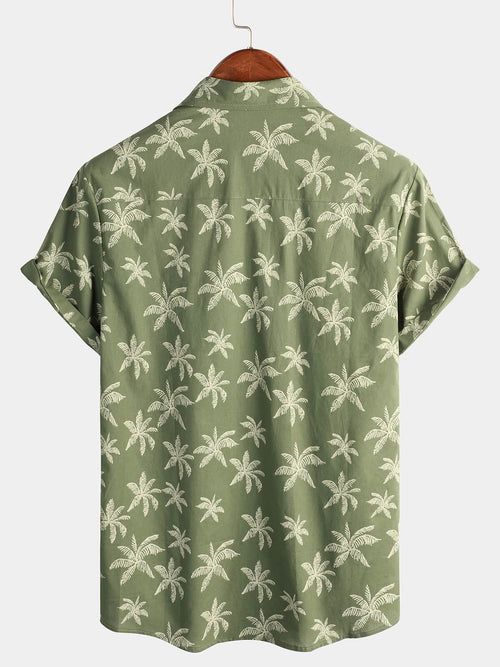 Men's Green Hawaiian Beach Cruise Palm Tree Print Cotton Button Up Short Sleeve Shirt