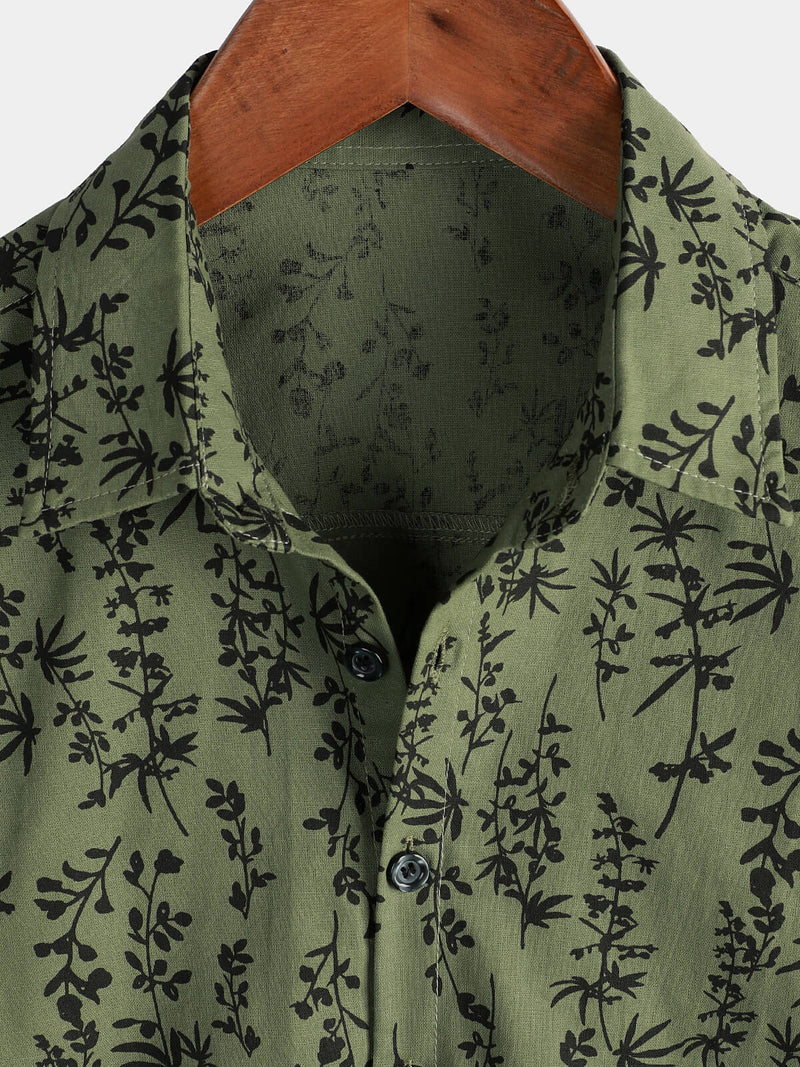 Men's Green Cotton Hawaiian Summer Vintage Floral Holiday Cruise Short Sleeve Button Up Shirt