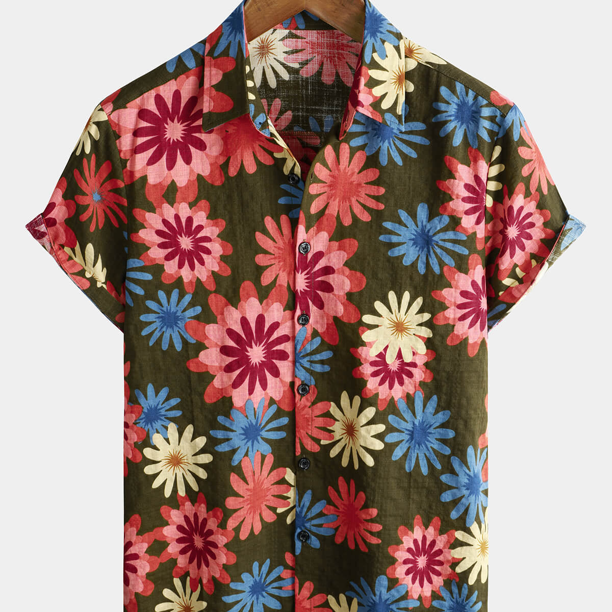 Camisa hawaiana con botones de manga corta verde militar de playa de verano de algodón floral para hombre