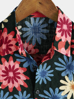 Men's Cotton Cruise Dark Green Beach Floral Summer Holiday Short Sleeve Hawaiian Button Up Shirt