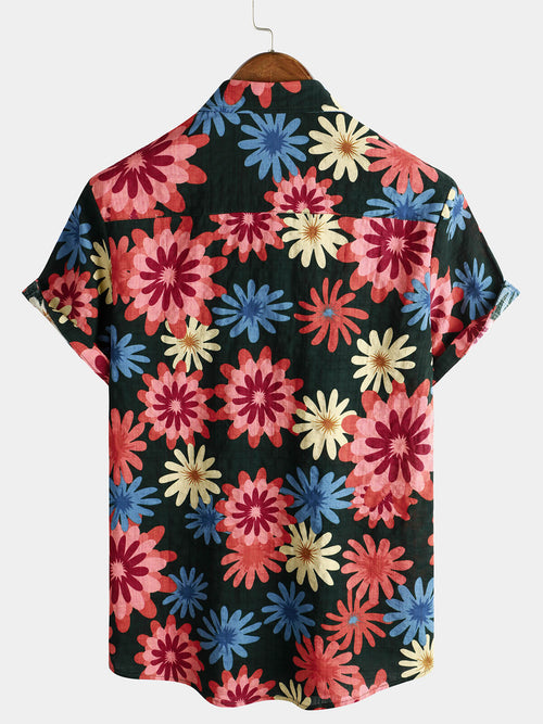Men's Cotton Cruise Dark Green Beach Floral Summer Holiday Short Sleeve Hawaiian Button Up Shirt