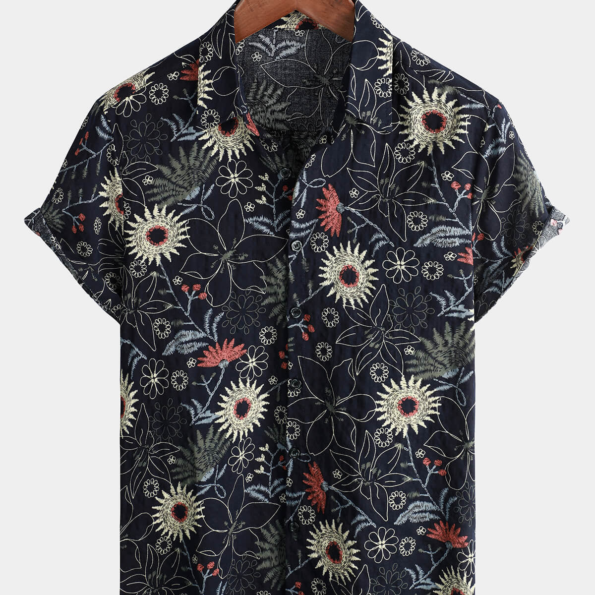 Camisa hawaiana de manga corta con botones para hombre, algodón, girasol, floral, crucero, playa, vacaciones de verano