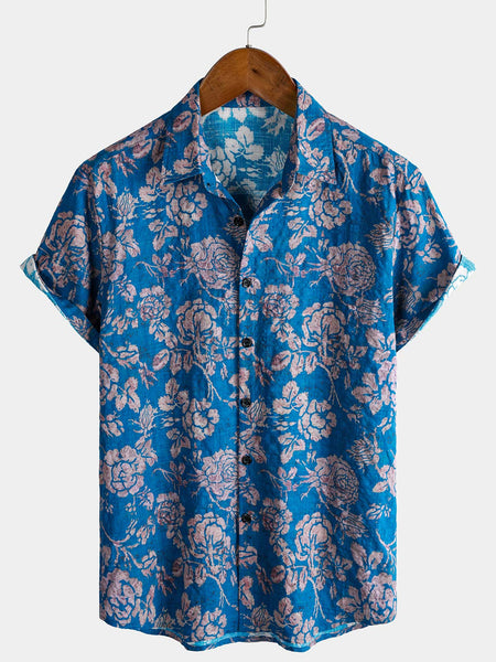 Men's Retro Botanical Print Short Sleeve Button Down Resort Shirt