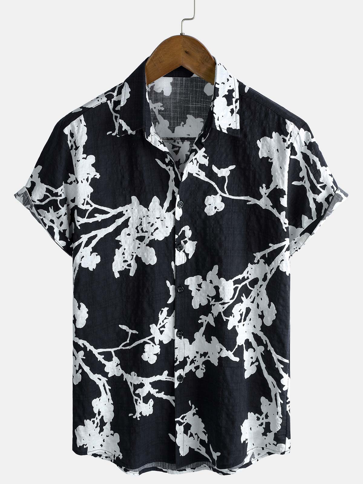 Men's Black and White Hawaiian Floral Breathable Cotton Casual Button Down Shirt