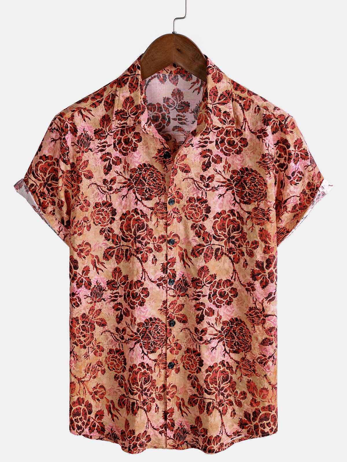 Men's Retro Rose Floral Print Short Sleeve Button Down Vacation Beach Shirt