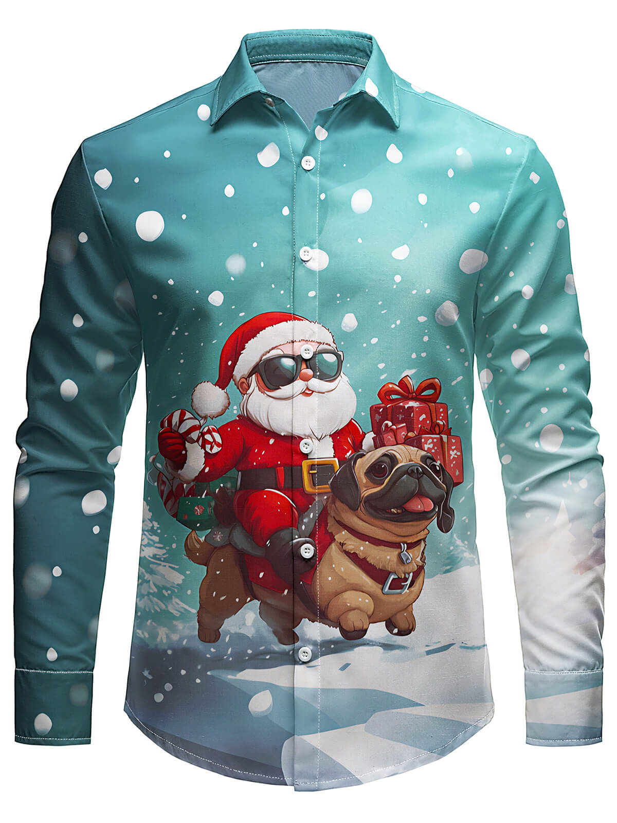 Men‘s Christmas Long Sleeve Santa Claus And Cute Dog Shirt