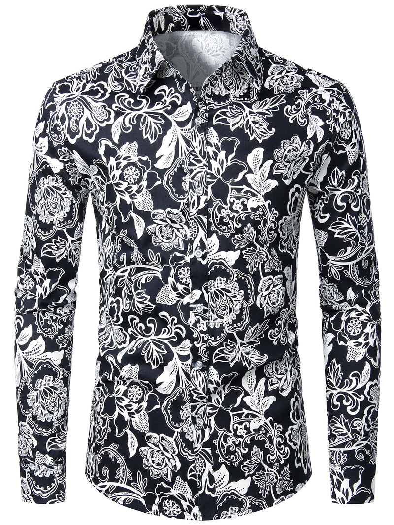 Men's Vintage Paisley Floral Casual Long Sleeve Cotton Regular Fit Black Dress Shirt