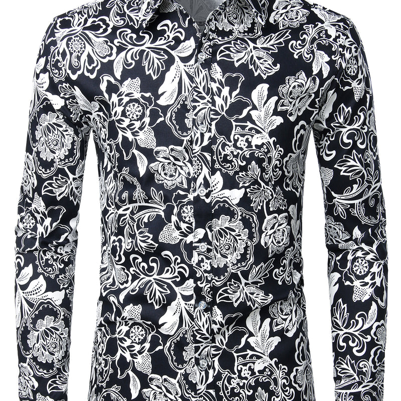 Men's Vintage Paisley Floral Casual Long Sleeve Cotton Regular Fit Black Dress Shirt