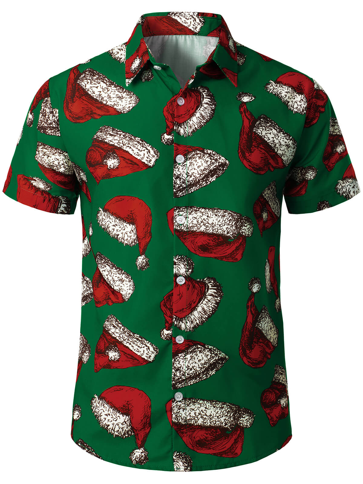 Men's Green Christmas Santa Hat Print Button Up Short Sleeve Shirt