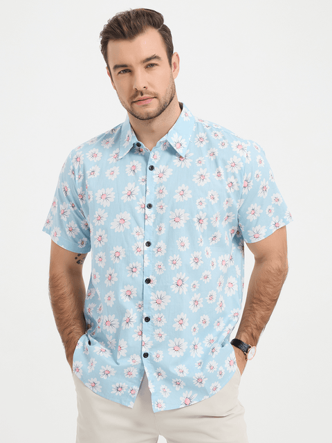 Men's Blue Daisy Floral Summer Button Up Hawaiian Short Sleeve Shirt ...