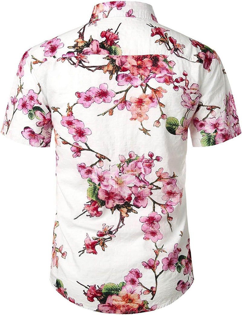Men's Pink Floral Button Up Cotton Summer Beach Cherry Blossom Flower Hawaiian Shirt