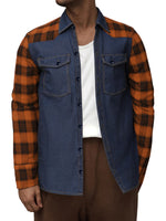 Men's Plaid Flannel Patchwork Denim Casual Button Up Long Sleeve Shirt
