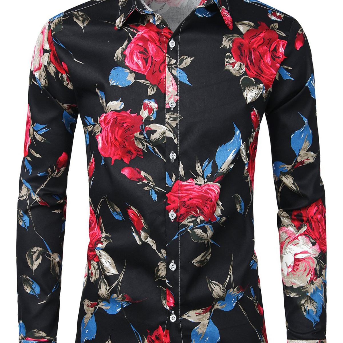 Men's Floral Cotton Rose Flower Print Black Long Sleeve Regular fit Dress Shirt