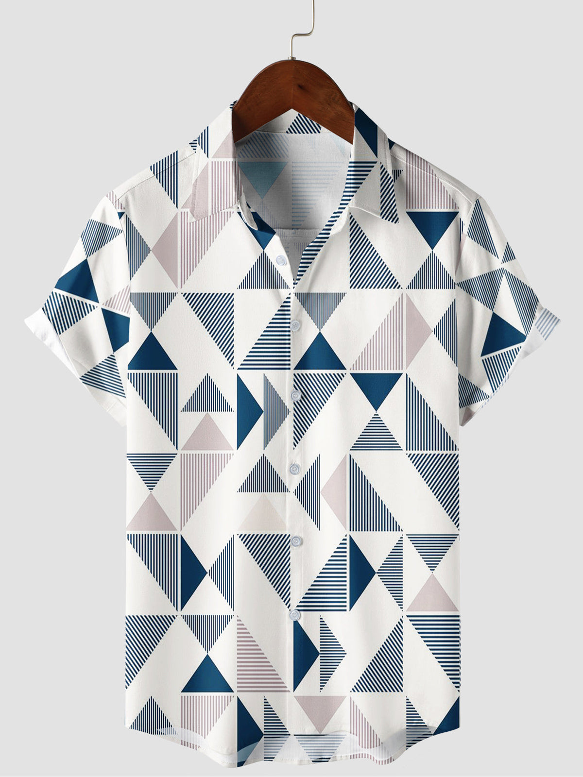 Men&#39;s Casual Art Blue and White Triangle Geometric Print Short Sleeve Summer Beach Button Up Shirt