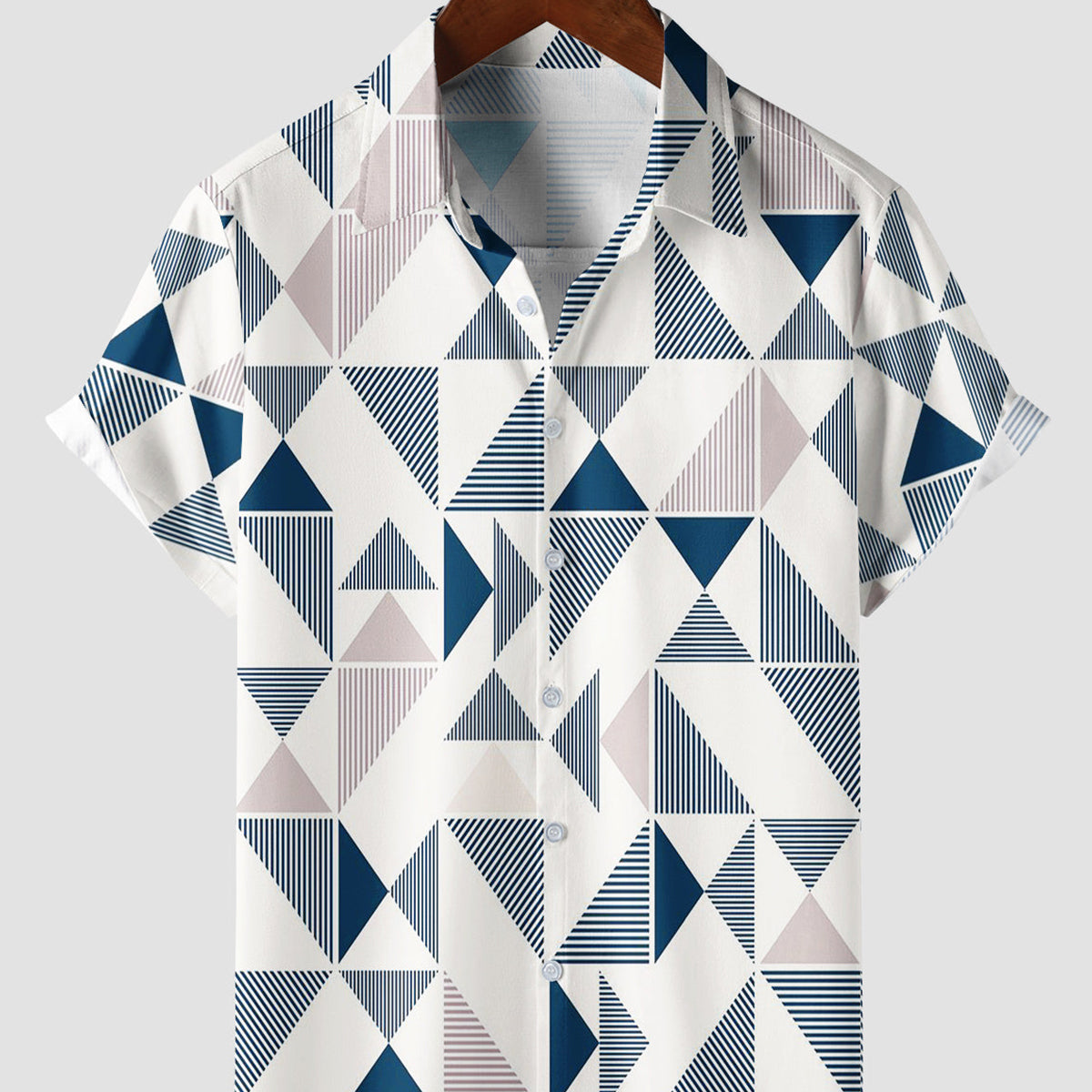 Camisa con botones de playa de verano de manga corta con estampado geométrico triangular azul y blanco de arte informal para hombre